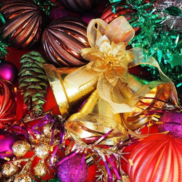 Fundo Natal Com Decorações Natal Bolas Férias Sinos Arcos Cone — Fotografia de Stock