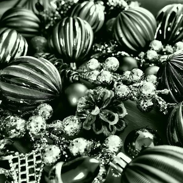 Fundo Natal Com Decorações Natal Bolas Férias Sinos Arcos Cone — Fotografia de Stock