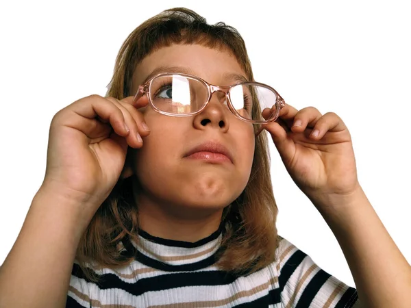 Söt Årig Vit Tjej Tittar Glasögonen Oftalmiska Problem Hos Barn — Stockfoto
