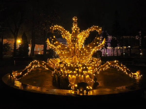 Sremska Mitrovica Serbia Fuente Invierno Noche Navidad Hermosos Reflejos Redondos — Foto de Stock