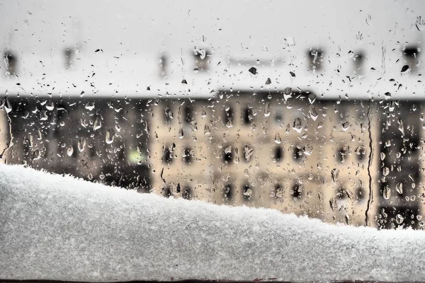 View Window Winter Thaw Melting Snowdrift Drops Glass Multi Storey — Stock Photo, Image