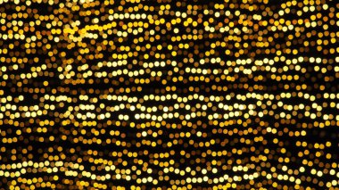 Bokeh röfleleri. Karanlıkta sarı ve altın rengi yanıp sönüyor. Şenlik arka planı. Bulanık defocus. Şehir sokaklarının dekorasyonu. Bir sürü sarı top. Birçok sarı, beyaz ve turuncu daireler