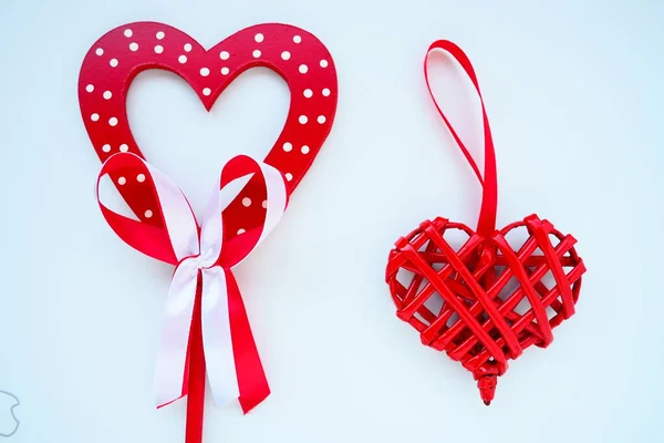 Valentine Day Concept Two Red Hearts Wooden Heart White Dots — Zdjęcie stockowe