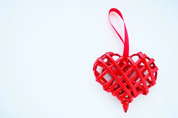 Red Braided Heart Silk Ribbon White Background Valentine Day Copyspace — Zdjęcie stockowe