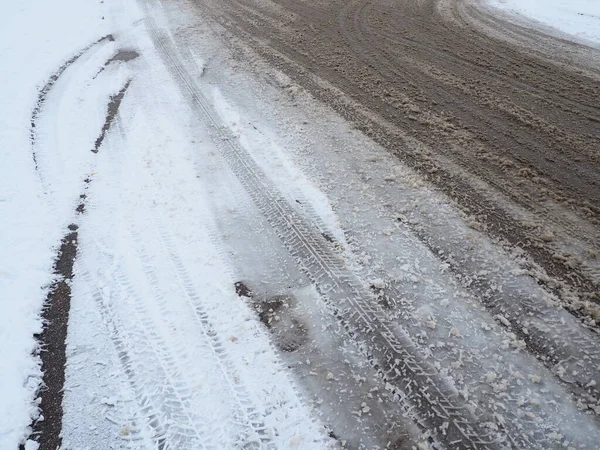 Tenedor Revestimiento Una Rotonda Deriva Nieve Lado Carretera Mal Tiempo — Foto de Stock