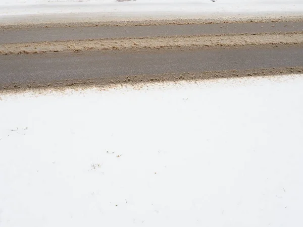 Śnieżynki Poboczu Zła Pogoda Korki Śnieg Asfalcie Trudne Warunki Jazdy — Zdjęcie stockowe