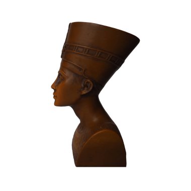 Nefertiti izole et. Mısır Kraliçesi Nefertiti 'nin beyaz arka plandaki kahverengi taştan büstü ya da heykeli. Ebedi kadınsı güzelliğin sembolü. Yüz, boyun ve omuzların yan görüntüsü..