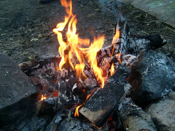 在火中烧柴.明亮的火。橙色的火舌。篝火边的大石头--巨石 — 图库照片