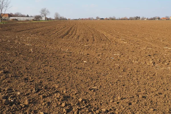 可耕地 准备进行春季农业劳动 拖拉机或混合器通过时产生的沟槽 玉米粉倒在地上 用于种植的肥沃土壤 肥料是大丰收的关键 — 图库照片