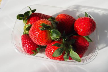 Beyaz arka planda plastik bir pakette olgun çilekler. Konteynırda müşterilere satılacak taze meyveler. Yemeği taze tutmak. Sağlıklı gıda, vitaminler ve mikro elementler