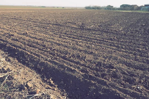 Campo seminativo pronto per i lavori agricoli primaverili. Solchi dal passaggio di un trattore o combinare. Farina di mais a terra. Terreno fertile per la semina. I fertilizzanti sono la chiave per un buon raccolto. — Foto Stock