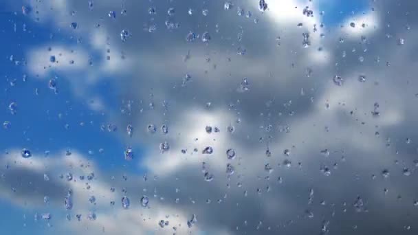 Las Gotas Lluvia Bajan Por Cristal Viento Tormenta Decae Foco — Vídeos de Stock