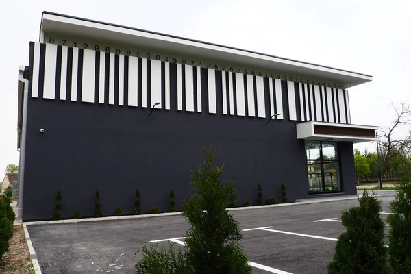 Modern bina. Thuja biçimli bir taç ile. Modern peyzaj tasarımı. Bahçenin, çimlerin, evin güzel dekorasyonu. Çizgili dekorlu gri duvar, QR kodunun taklit edilmesi, araba parkı.