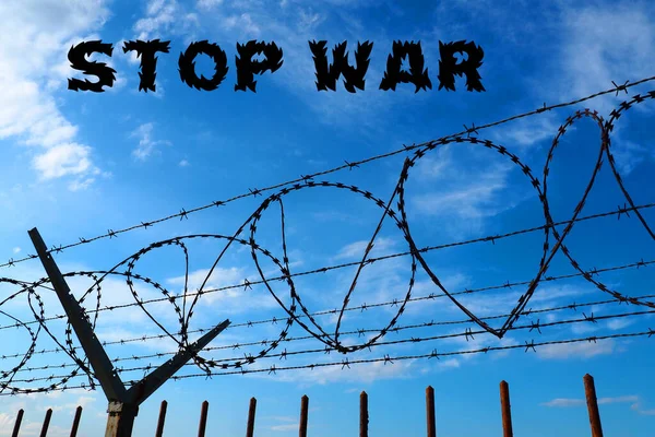 Barbed Wire Blue Sky Inscription Black Stop War War Concept — Stockfoto