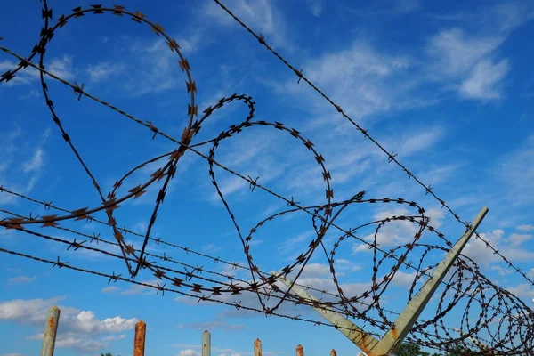 Barbed wire against the blue sky. Barbed wire is a wire or a narrow strip of metal with sharp spikes. Device of barriers. The concept of freedom, protection of property, violence, imprisonment — Stock fotografie