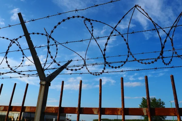 Barbed wire against the blue sky. Barbed wire is a wire or a narrow strip of metal with sharp spikes. Device of barriers. The concept of freedom, protection of property, violence, imprisonment — Stockfoto