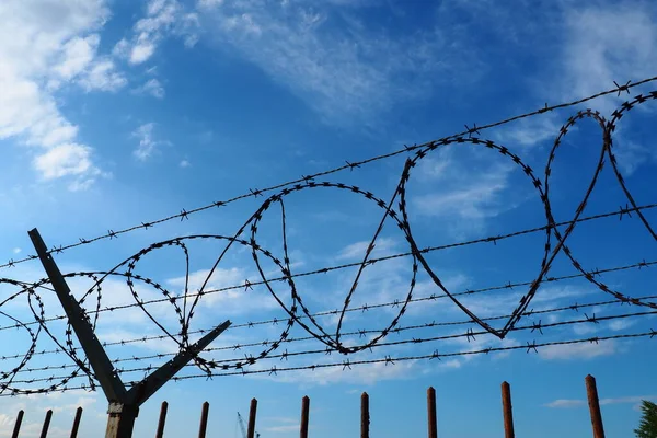 Barbed wire against the blue sky. Barbed wire is a wire or a narrow strip of metal with sharp spikes. Device of barriers. The concept of freedom, protection of property, violence, imprisonment — Stock Fotó