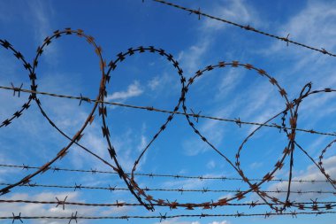 Mavi gökyüzüne karşı dikenli tel. Dikenli tel, sivri dikenli dikenli tel ya da dar bir metal şerittir. Engeller aygıtı. Özgürlük kavramı, mülkiyetin korunması, şiddet, hapis.