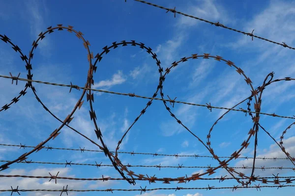 Barbed wire against the blue sky. Barbed wire is a wire or a narrow strip of metal with sharp spikes. Device of barriers. The concept of freedom, protection of property, violence, imprisonment.