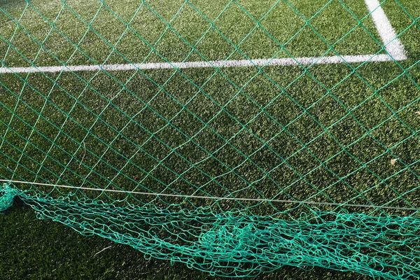 Ποδόσφαιρο Goal Net Φόντο Γρασίδι Σημάδια Και Ρίγες Γηπέδου Πλέγμα — Φωτογραφία Αρχείου