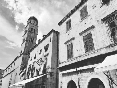 Stradun, Stradone is the main street of the historic city center of Dubrovnik in Croatia. architectural sights. A popular place for tourist walks. August 14, 2022 Black and white.
