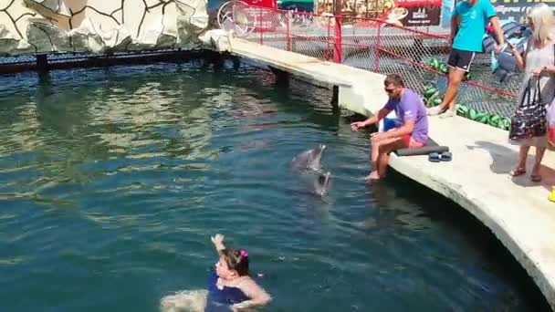 2022年6月29日ロシア アナパイルカインストラクターは2匹のイルカに魚を与え 治療水泳の前に水中で泳いでいる女の子を教えています イルカと人間の相互作用 — ストック動画