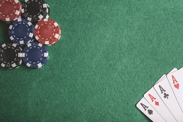 Poker cards, chips, dice on the game table. Casino concept. Black jack