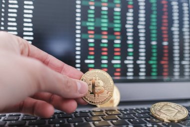 Bitcoin ve kripto döviz borsası. Teknoloji ve iş finansmanı ve Dijital varlıklara yatırım. Kripto para birimi şemasının finansal verileri analiz ediliyor.