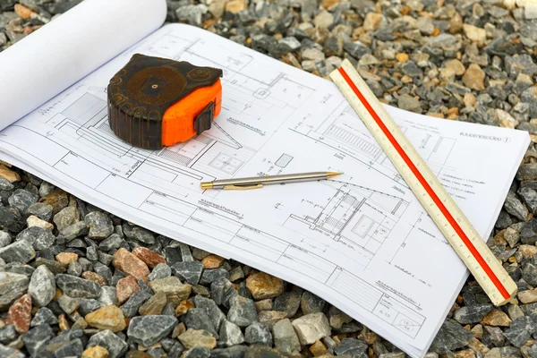 Architecture drawings with pencil , ruler and Cartridges meters — Stock Photo, Image