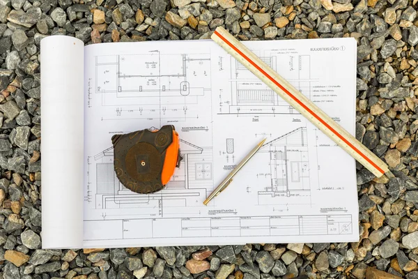 Architecture drawings with pencil , ruler and Cartridges meters — Stock Photo, Image