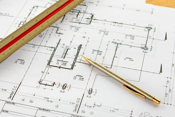 Architecture drawings with pencil and ruler — Stock Photo, Image