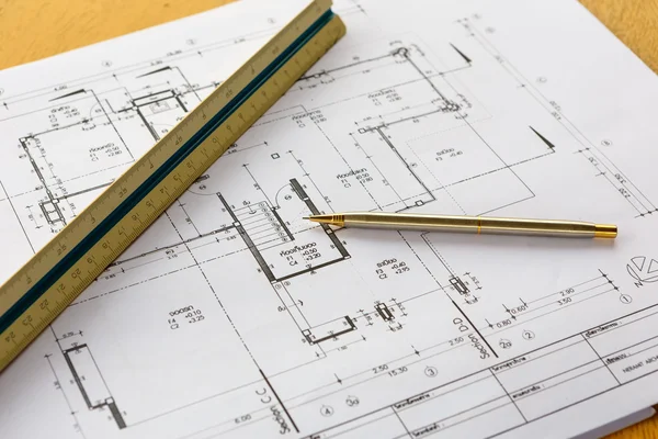 Architecture drawings with pencil and ruler — Stock Photo, Image