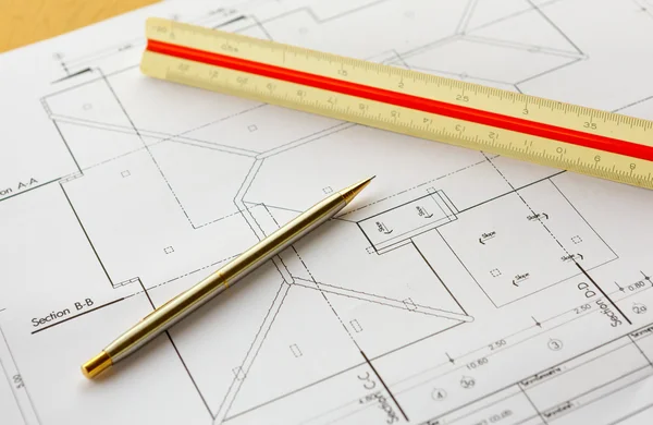 Architecture drawings with pencil and ruler — Stock Photo, Image