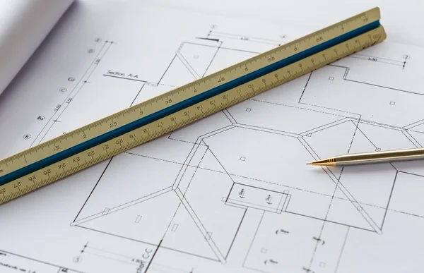 Architecture drawings with pencil and ruler — Stock Photo, Image