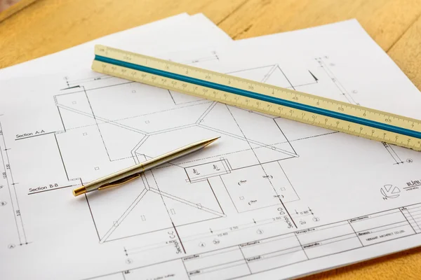 Architecture drawings with pencil and ruler — Stock Photo, Image