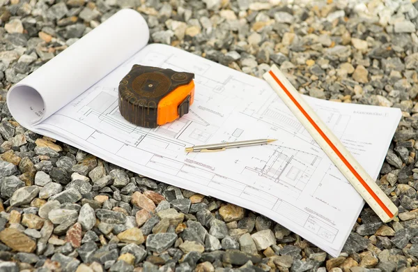 Architecture drawings with pencil , ruler and Cartridges meters — Stock Photo, Image