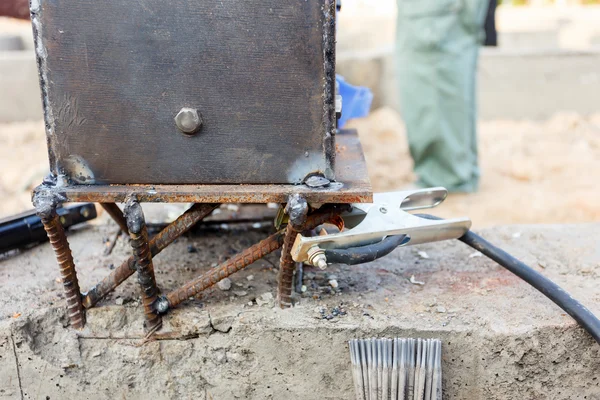 Welding metal and wood by electrode with bright electric arc — Stock Photo, Image