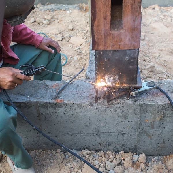 Welding metal and wood by electrode with bright electric arc — Stock Photo, Image