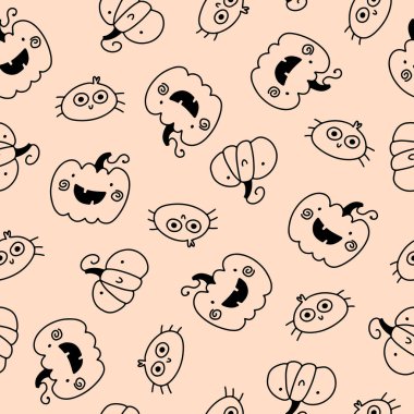 Tatlı tatil balkabakları ve örümcek dikişsiz cadılar bayramı deseni basit bir el çizimi çocuksu karalama tarzı. Pastel arka planda bir çizgi. Bebek tekstil ve giysileri için ideal.
