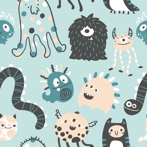 Monster Halloween seamless pattern. Cute cartoon characters in simple hand-drawn Scandinavian style. Vector childish funny doodle illustration. Baby clothes, textiles, fabric, wallpaper, paper. — Stock Vector