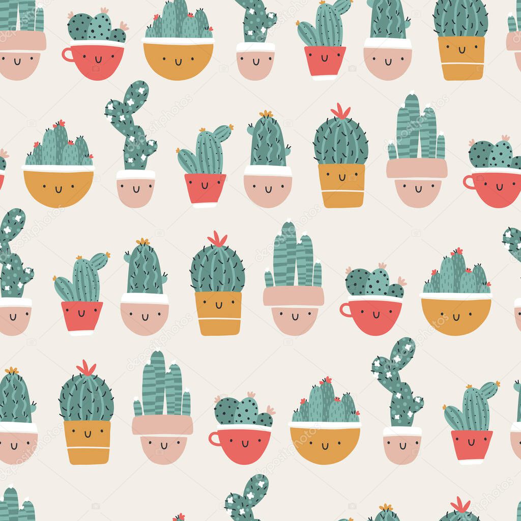 Cute pots with cacti and succulents. Vector seamless pattern. Funny faces are smiling. Trendy hand-drawn Scandinavian cartoon doodle style. Minimalistic pastel palette. For baby textiles, clothing.