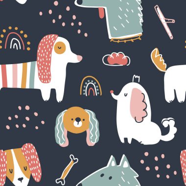 Köpekler kusursuz vektör deseni. Basit, saf, İskandinav tarzı çizgi film tarzında şirin hayvanlar. Karanlık arka planda renkli karakterler. Bebek odası, bebek kıyafetleri, tekstil için ideal..