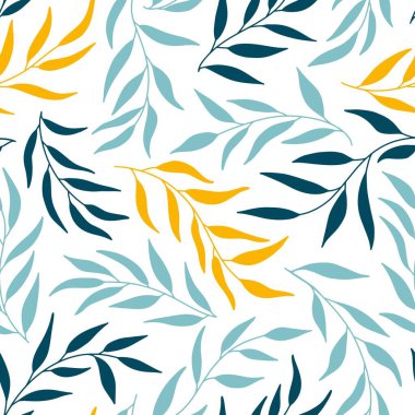 Zeytin yapraklarının siluetleri dikişsiz desen. Vektör el çizimi basit İskandinav karalama karikatür tarzında. Beyaz arka planda izole edilmiş mavi ve sarı dallar.