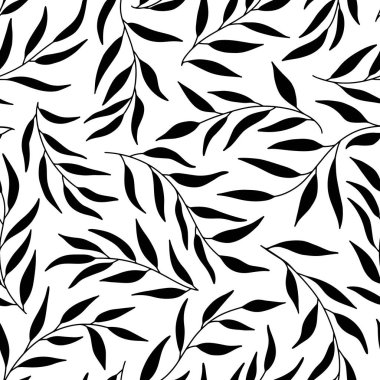 Zeytin yapraklarının siluetleri dikişsiz desen. Vektör el çizimi basit İskandinav karalama karikatür tarzında. Beyaz arkaplanda siyah dallar var..