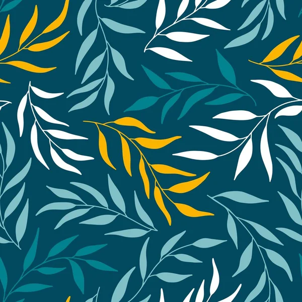 葉のシルエットはオリーブのシームレスなパターン。ベクトル手は、単純なスカンジナビアの落書き漫画のスタイルでイラストを描いた。濃い青の背景に青と黄色の枝を分離. — ストックベクタ