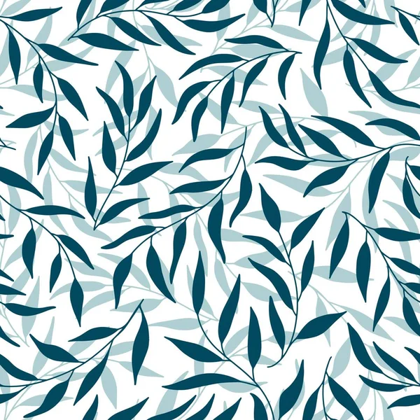 葉のシルエットはオリーブのシームレスなパターン。ベクトル手は、単純なスカンジナビアの落書き漫画のスタイルでイラストを描いた。白い背景に孤立した青い枝. — ストックベクタ