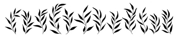 Silhuetter av långa blad av olivset. Vektor handritad illustration i enkel skandinavisk klotter tecknad stil. isolerade svarta grenar på en vit bakgrund. — Stock vektor
