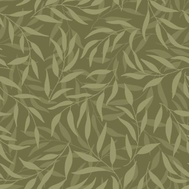 Zeytin yapraklarının siluetleri dikişsiz desen. Vektör el çizimi basit İskandinav karalama karikatür tarzında. Koyu arkaplanda yeşil tonlarda izole dallar..