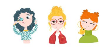 Küçük kızlar. Makyaj yapıyor, gözlük takıyor, bir kuşla. Basit bir el çizimi çizgi film tarzında şirin, modaya uygun bir karakter. Beyaz arkaplanda renkli bir palette izole edilmiş vektör illüstrasyonu.