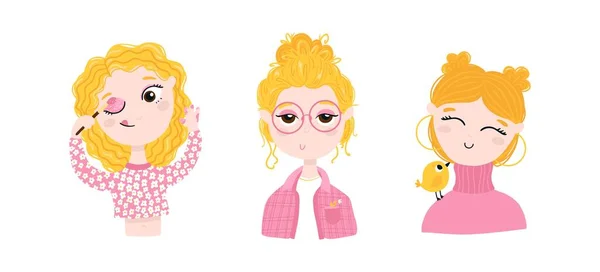 Kleine blonde Mädchen in rosa. Sie schminkt sich, trägt eine Brille und einen Vogel. Nette modische Figur in einem einfachen Cartoon handgezeichnet. Vektor isolierte Illustration in farbenfroher Palette. — Stockvektor